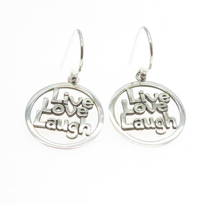 925 Sterling Silver "Live Love Laugh" Round Dangling Earrings