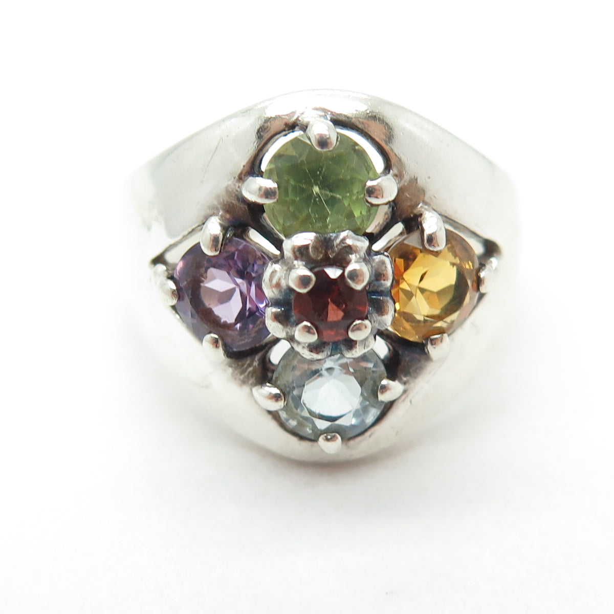 925 Sterling Silver Vintage Topaz Citrine Peridot Garnet & Amethyst Ring Size 8