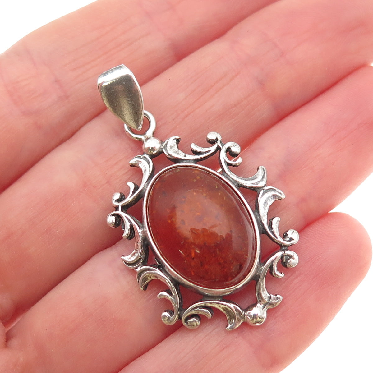 925 Sterling Silver Vintage Real Amber Modernist Floral Charm Pendant