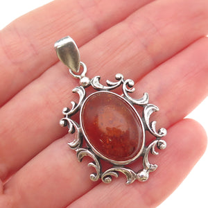 925 Sterling Silver Vintage Real Amber Modernist Floral Charm Pendant