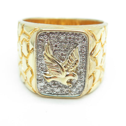 925 Sterling Silver Gold Plated Real Round-Cut Diamond Eagle Ring Size 10.25