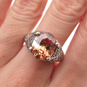 925 Sterling Silver Vintage Champagne & White C Z Oxidized Ring Size 8