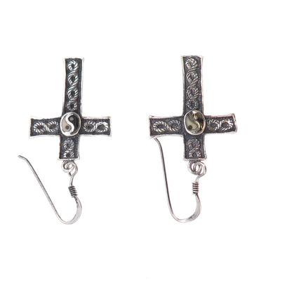 925 Sterling Silver Vintage Real Black & White Diamond Yin Yang Cross Earrings
