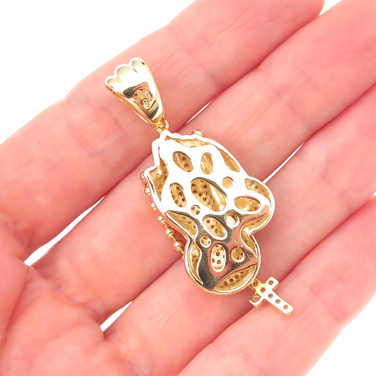 925 Sterling Silver Gold Plated Round-Cut C Z Prayer Hands Rosary Chain Pendant