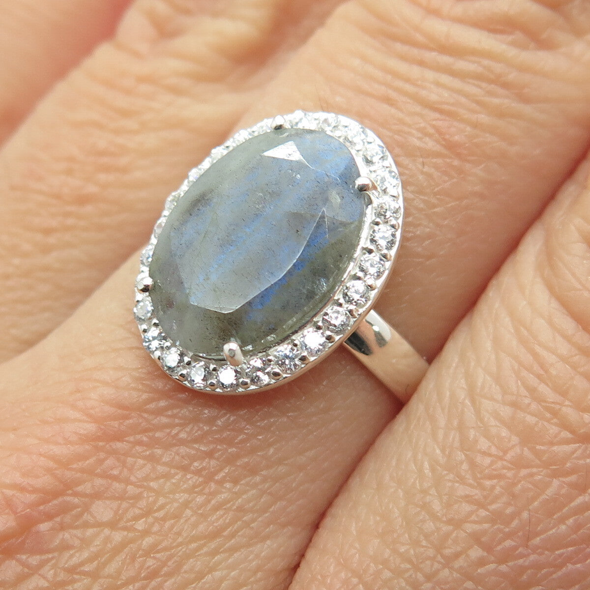 FRANK AHM 925 Sterling Silver Checkered Labradorite Gem & C Z Ring Size 6.25