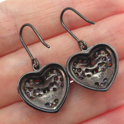 925 Sterling Silver Black Rhodium Enamel Multi-Color C Z Heart Dangle Earrings