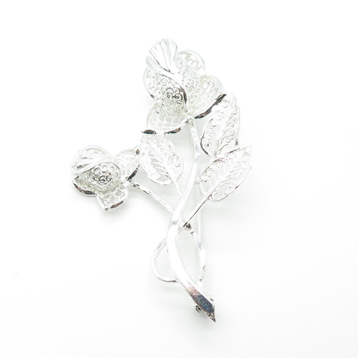 925 Sterling Silver Vintage Germany Twig Leaf Ornate Pin Brooch