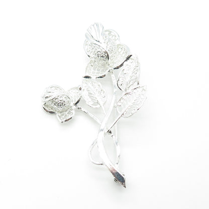 925 Sterling Silver Vintage Germany Twig Leaf Ornate Pin Brooch