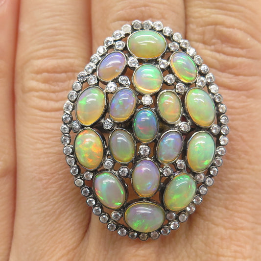 925 Sterling Silver Black Rhodium Real Opal & White Topaz Cluster Ring Size 6.75