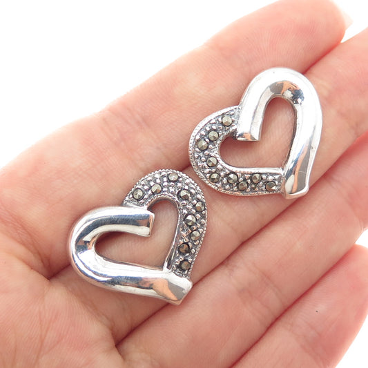 925 Sterling Silver Vintage Real Marcasite Heart Earrings