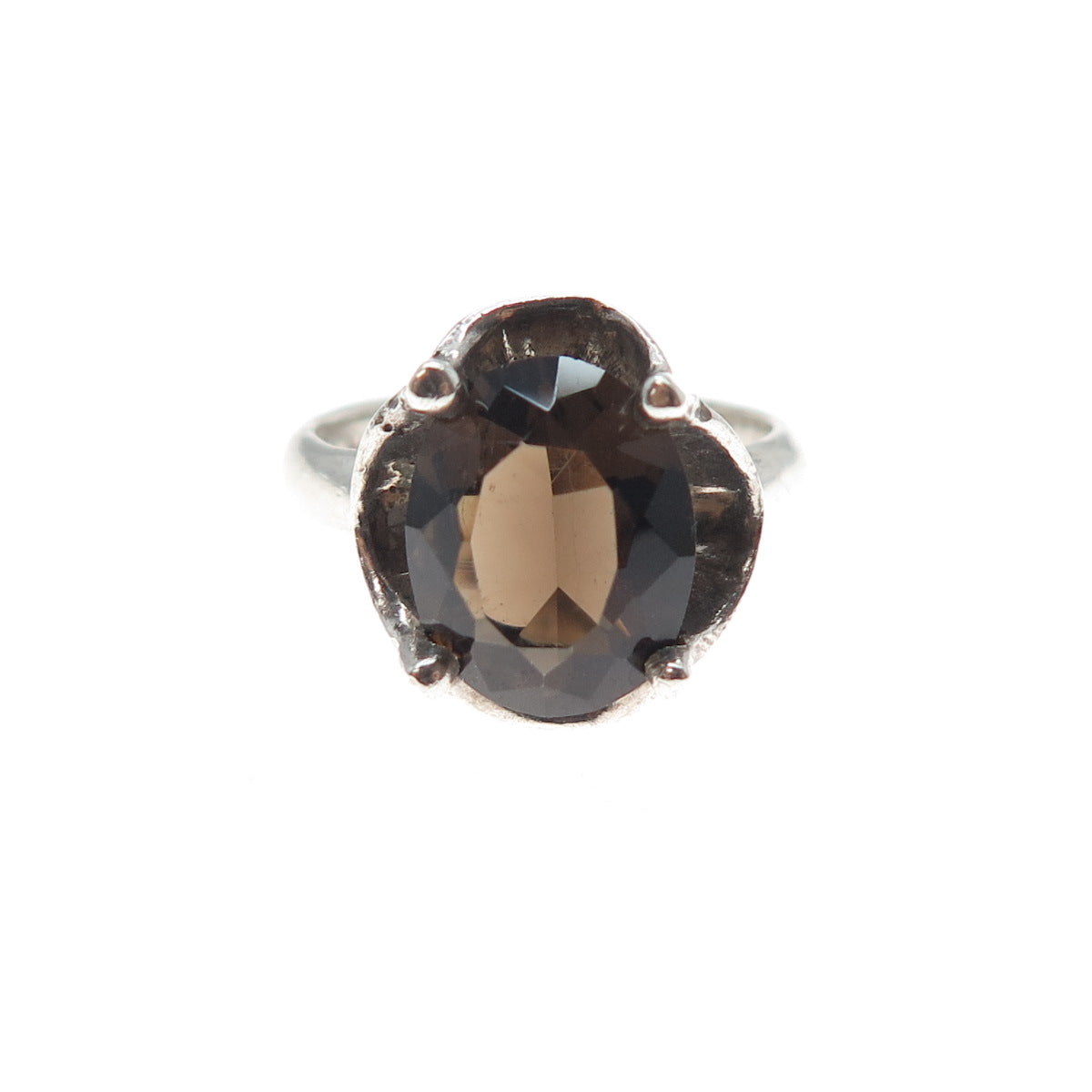 925 Sterling Silver Vintage Mexico Real Smoky Quartz Modernist Ring Size 6.25