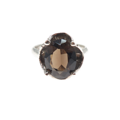 925 Sterling Silver Vintage Mexico Real Smoky Quartz Modernist Ring Size 6.25