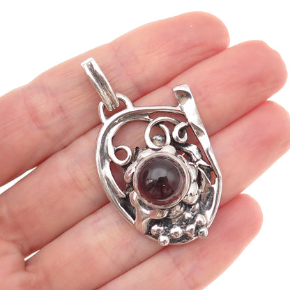 925 Sterling Silver Vintage Real Garnet Modernist Floral Oxidized Charm Pendant