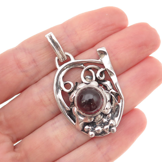 925 Sterling Silver Vintage Real Garnet Modernist Floral Oxidized Charm Pendant