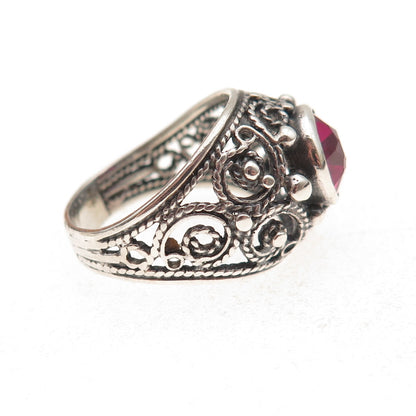 875 Silver Vintage Lab-Created Ruby Swirl Oxidized Ring Size 7.5