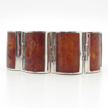 925 Sterling Silver Vintage Real Amber Tennis Panel Link Bracelet 7"