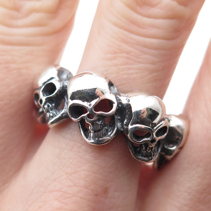 925 Sterling Silver Vintage Skull All Around Oxidized Biker Ring Size 9.75