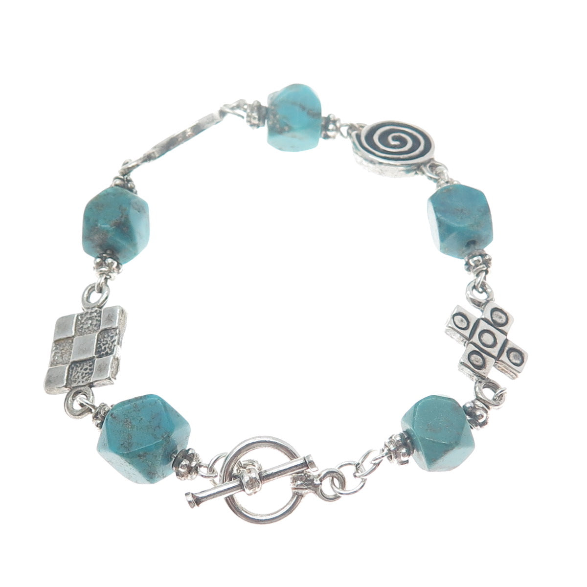 925 Sterling Silver Vintage Kingman Turquoise Spiral Circle Cross Bracelet 6.5"