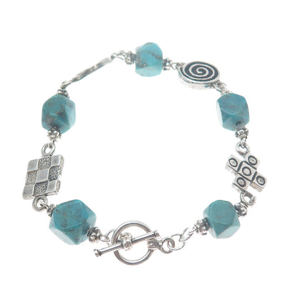 925 Sterling Silver Vintage Kingman Turquoise Spiral Circle Cross Bracelet 6.5"