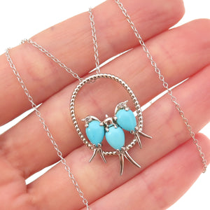 925 Sterling Silver Real Turquoise & White Topaz Birds Cable Chain Necklace 18"
