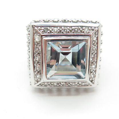 925 Sterling Silver Real Princess-Cut Blue & Round-Cut White Topaz Ring Size 7