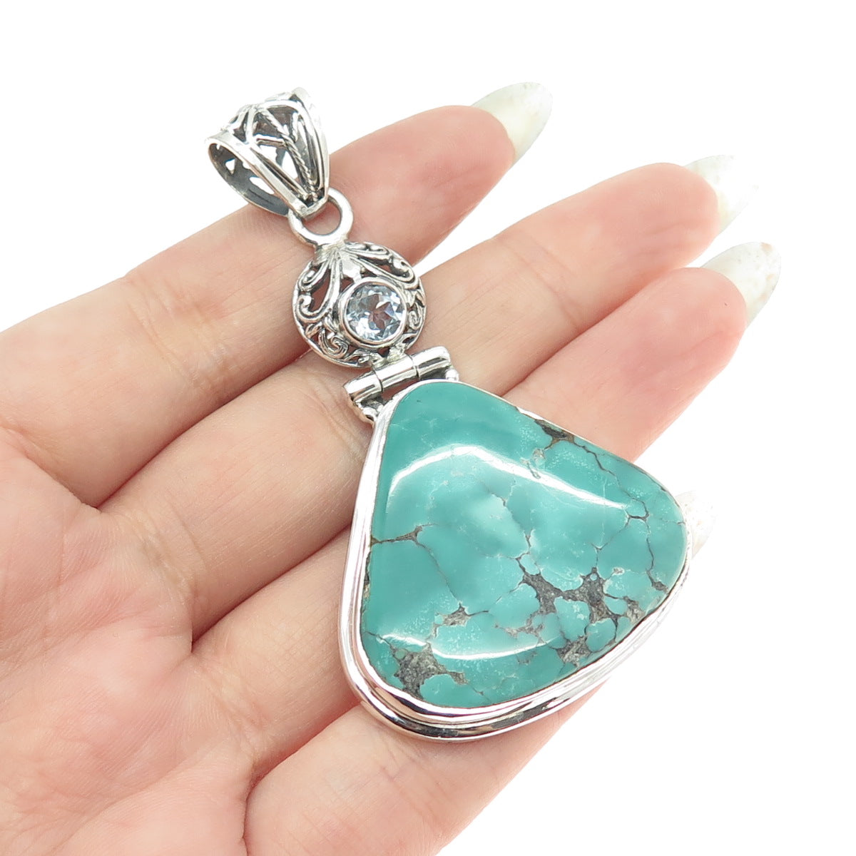 925 Sterling Silver Vintage Real Kingman Turquoise & Blue Topaz Pendant