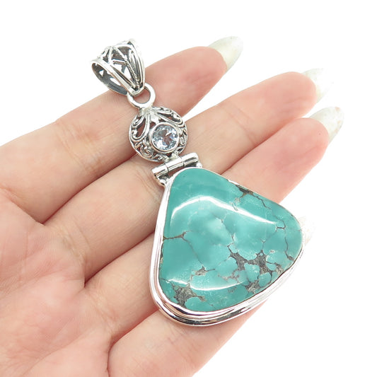 925 Sterling Silver Vintage Real Kingman Turquoise & Blue Topaz Pendant