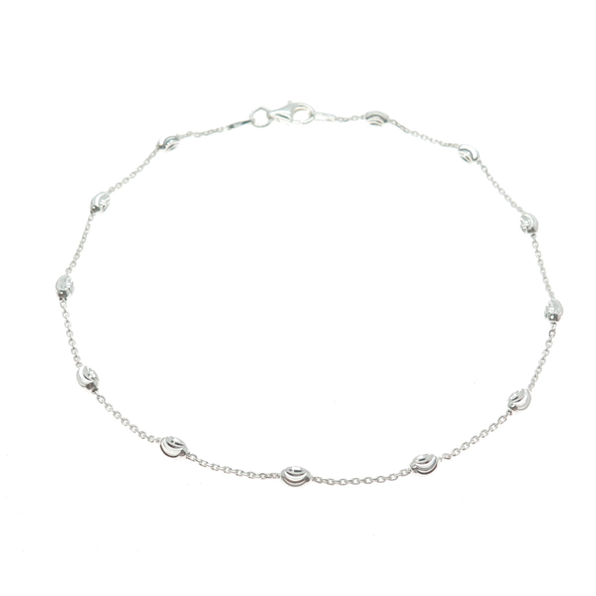 925 Sterling Silver Italy Diamond-Cut Bead Station Cable Anklet / Bracelet 9.75"