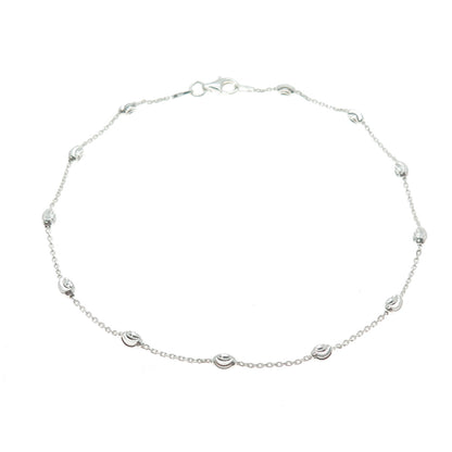 925 Sterling Silver Italy Diamond-Cut Bead Station Cable Anklet / Bracelet 9.75"