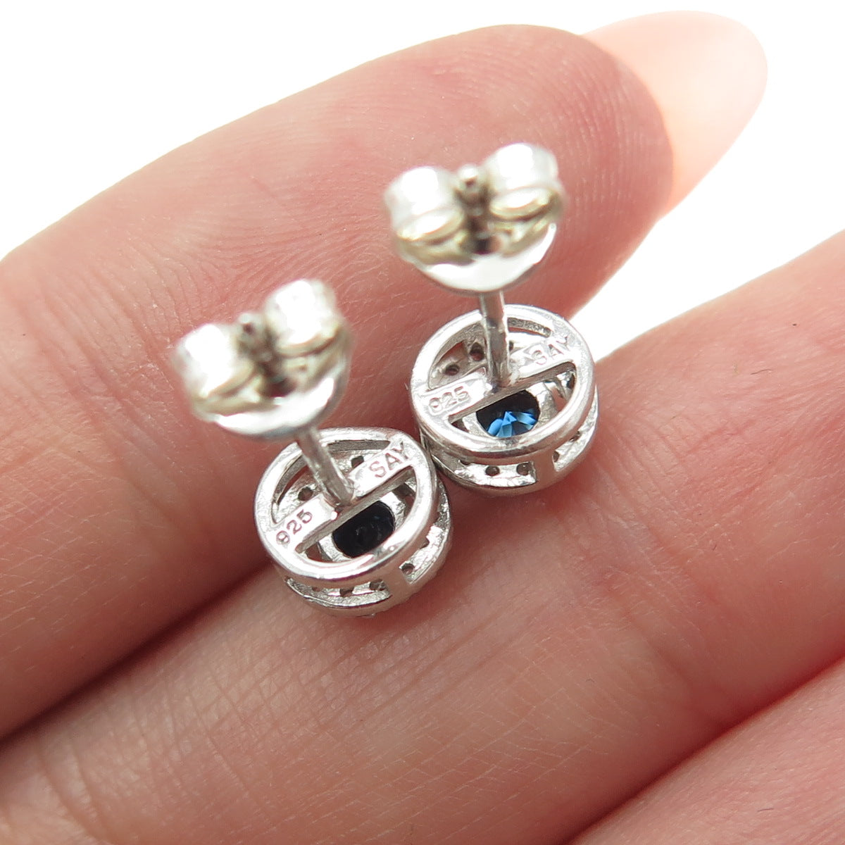 SAY 925 Sterling Silver Round-Cut Nano Sapphire & C Z Stud Earrings