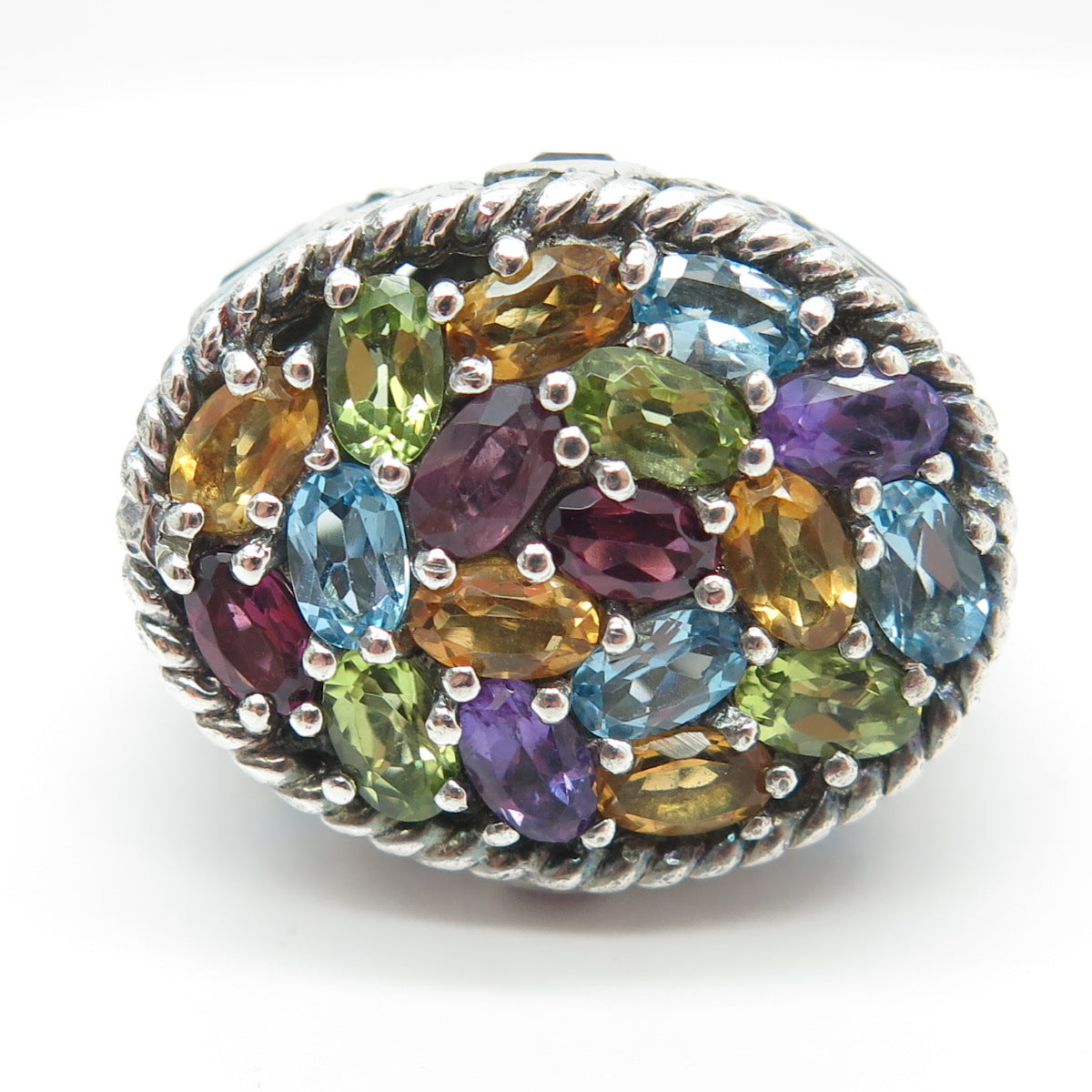 925 Sterling Silver Vintage Amethyst Citrine Peridot Topaz Gem Ring Size 7.25