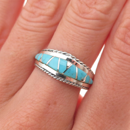 925 Sterling Silver Vintage Real Turquoise Zig Zag Oxidized Ring Size 8.25