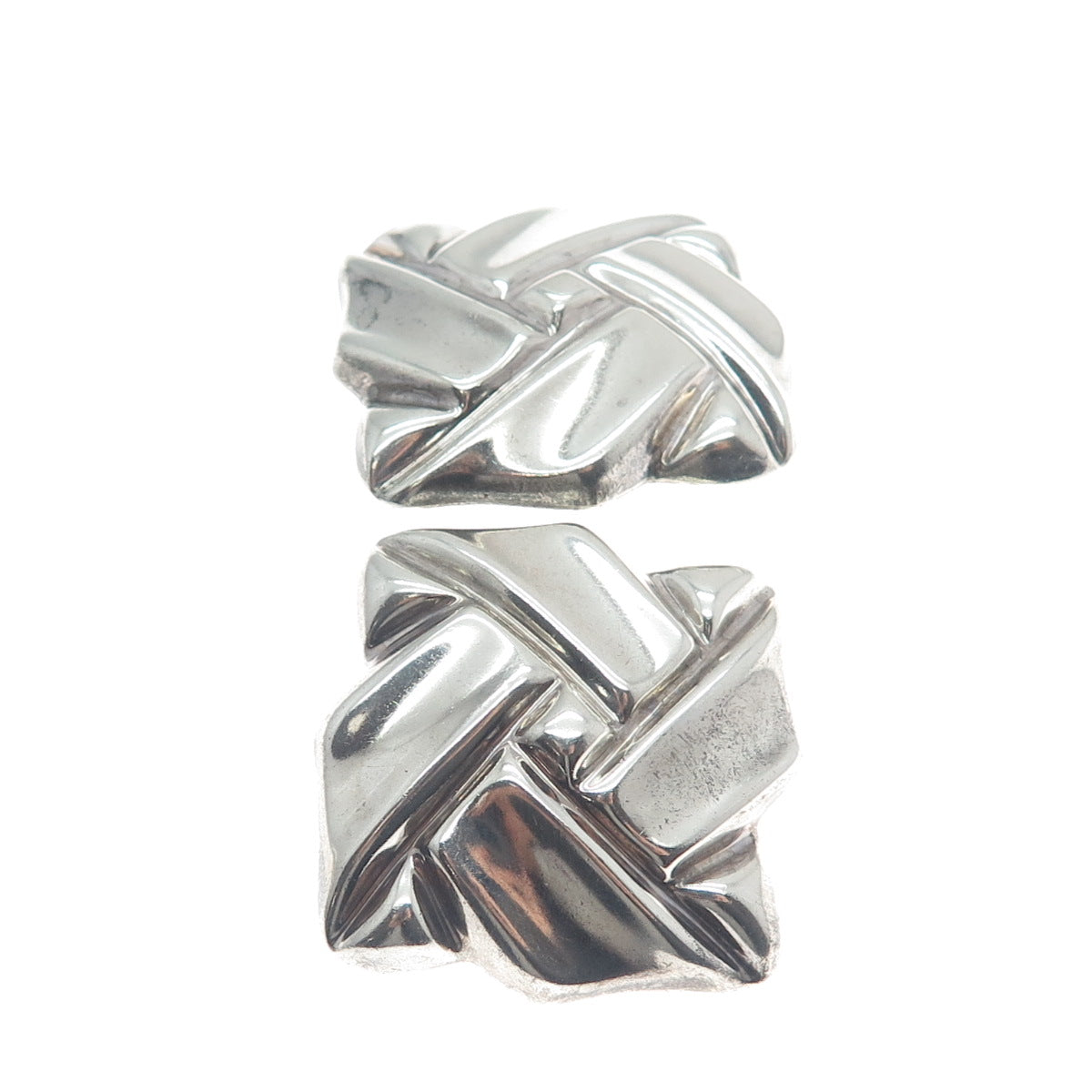925 Sterling Silver Vintage Mexico Modernist Square Knot Clip On Earrings