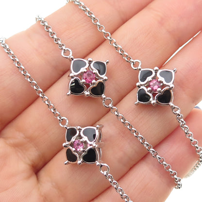 925 Sterling Silver Enamel Real Tourmaline Heart Flower Chain Necklace 32"