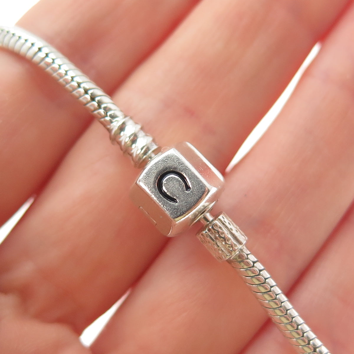 CHAMILIA 925 Sterling Silver Letter C Clip Bead Snake Link Bracelet 7.25"