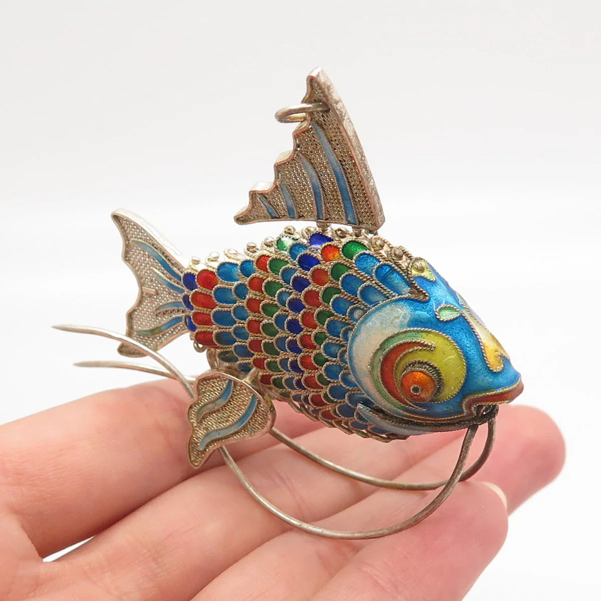 925 Sterling Silver Antique Enamel Chinese Koi Fish Chatelaine Articulated Fob