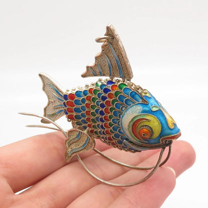 925 Sterling Silver Antique Enamel Chinese Koi Fish Chatelaine Articulated Fob