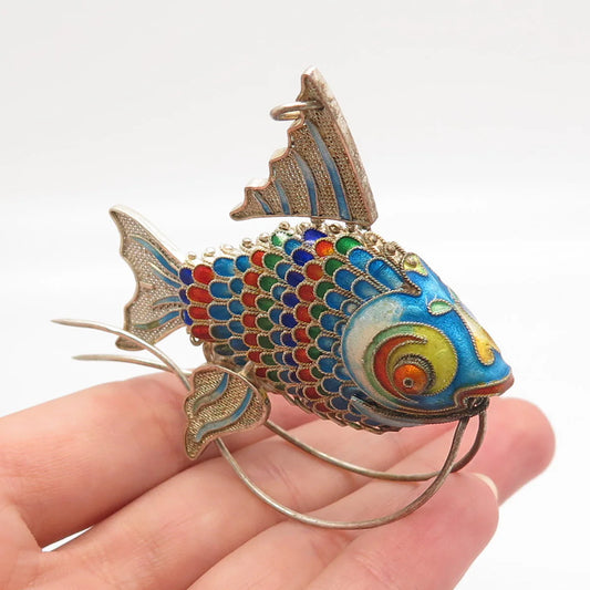 925 Sterling Silver Antique Enamel Chinese Koi Fish Chatelaine Articulated Fob