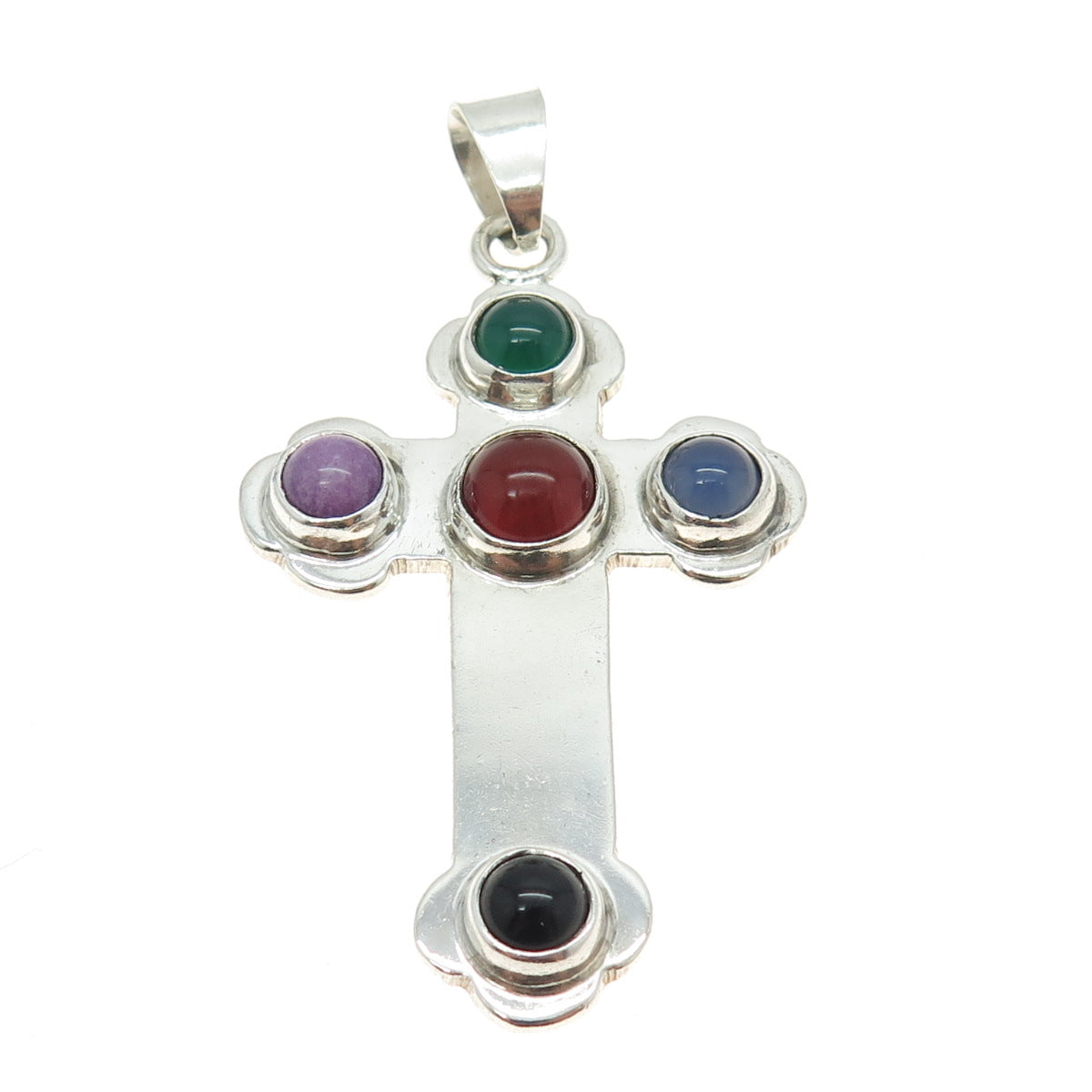 925 Sterling Silver Vintage Mexico Carnelian Blue Chalcedony Gem Cross Pendant