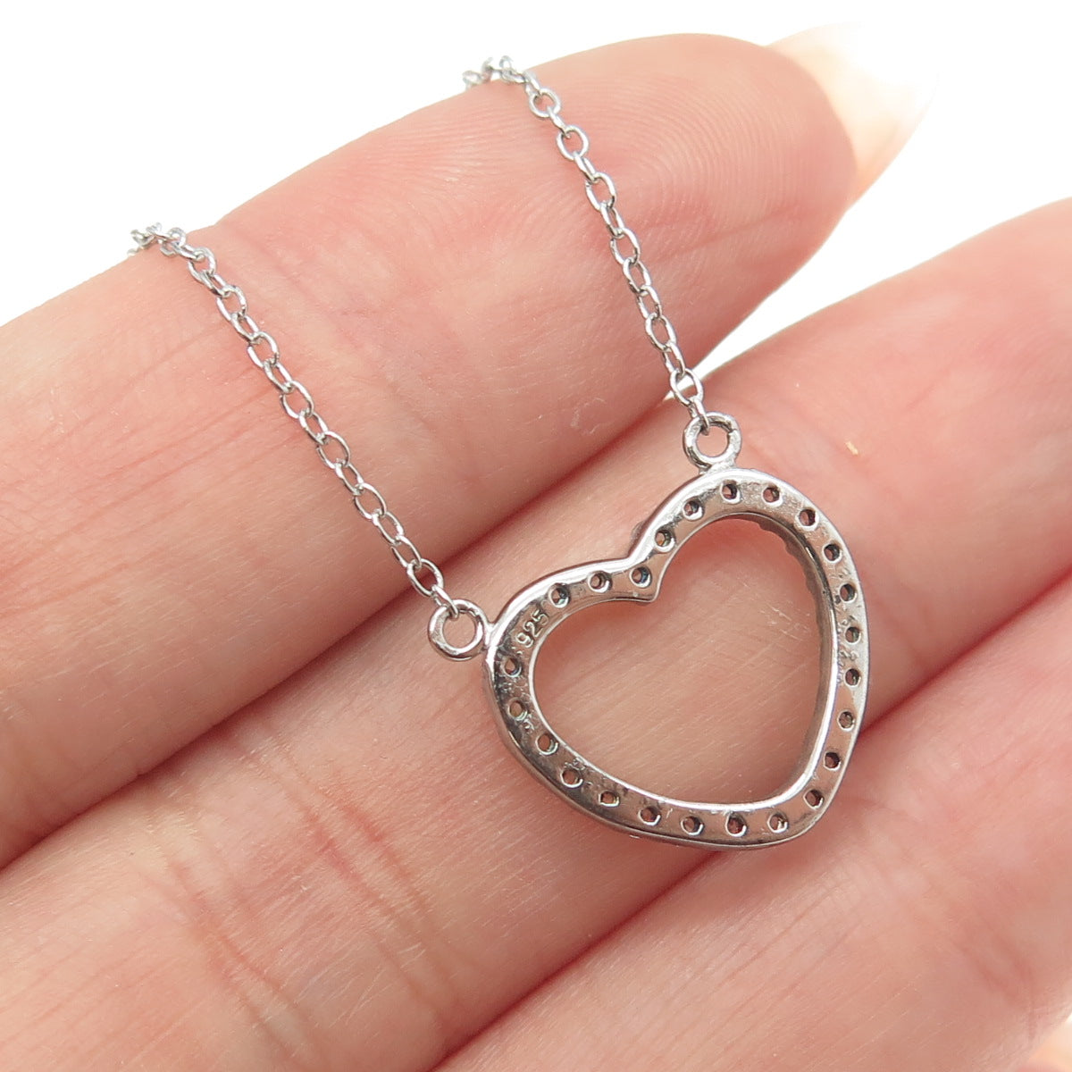 925 Sterling Silver Round-Cut C Z Heart Cable Chain Necklace 16-18"