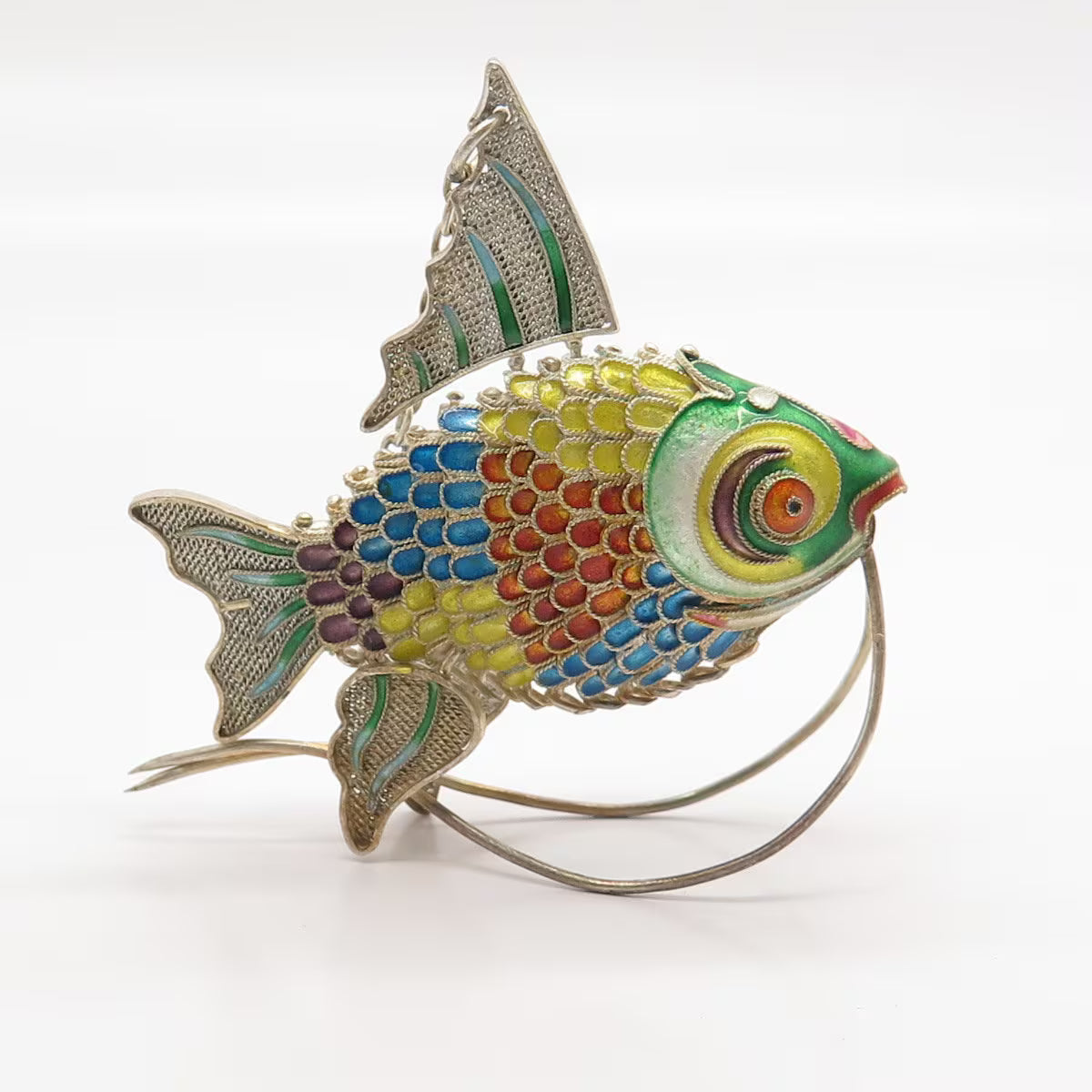 925 Sterling Silver Enamel Antique Chinese Koi Fish Articulated Chatelaine Fob