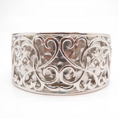 925 Sterling Silver Vintage Hammered Ornate Heart Wide Cuff Bracelet 7 1/4"