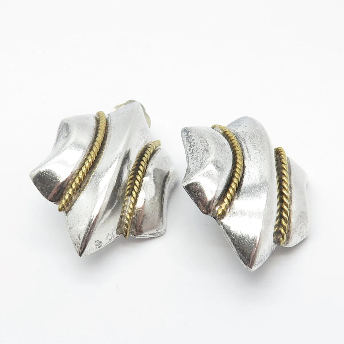 925 Sterling Silver 2-Tone Vintage Mexico Twisted Modernist Clip On Earrings
