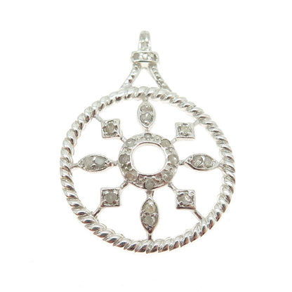 925 Sterling Silver Real Round-Cut Diamond Floral Wheel Round Pendant