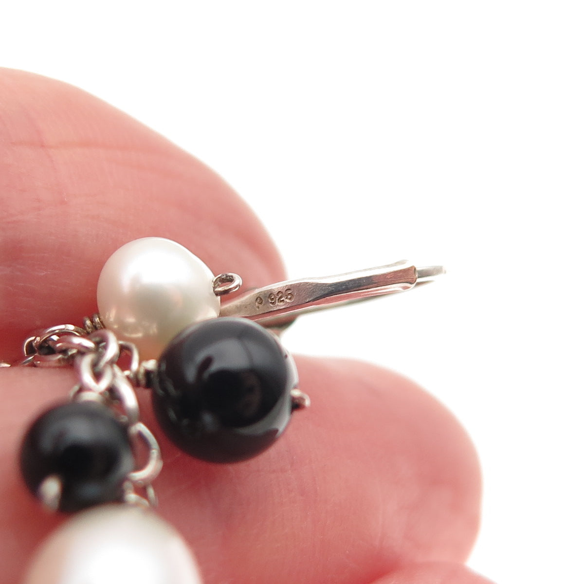 925 Sterling Silver Vintage Real Pearl & Black Onyx Ball Beads Dangle Earrings