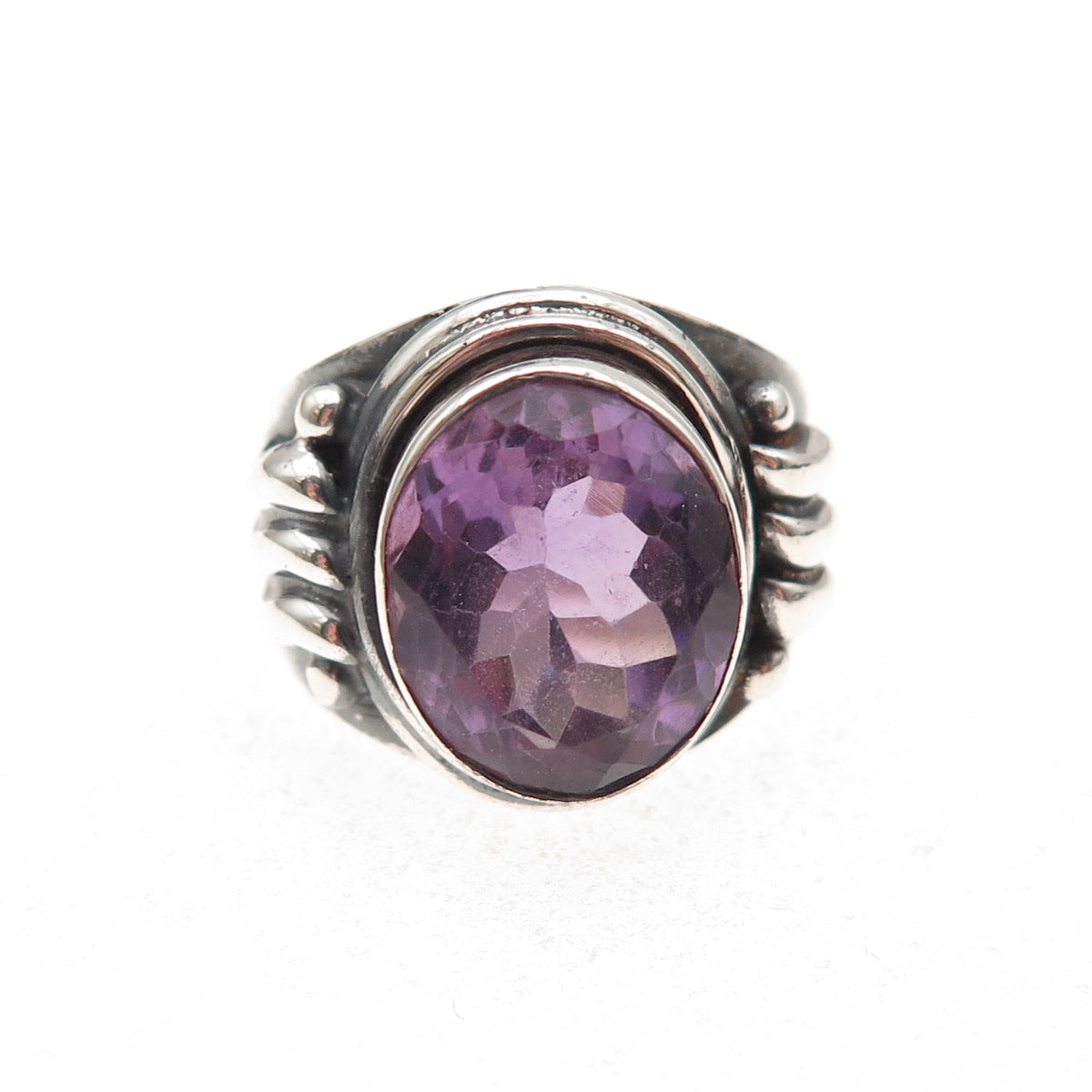 925 Sterling Silver Vintage Real Amethyst Modernist Oxidized Ring Size 7