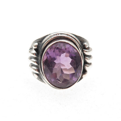925 Sterling Silver Vintage Real Amethyst Modernist Oxidized Ring Size 7
