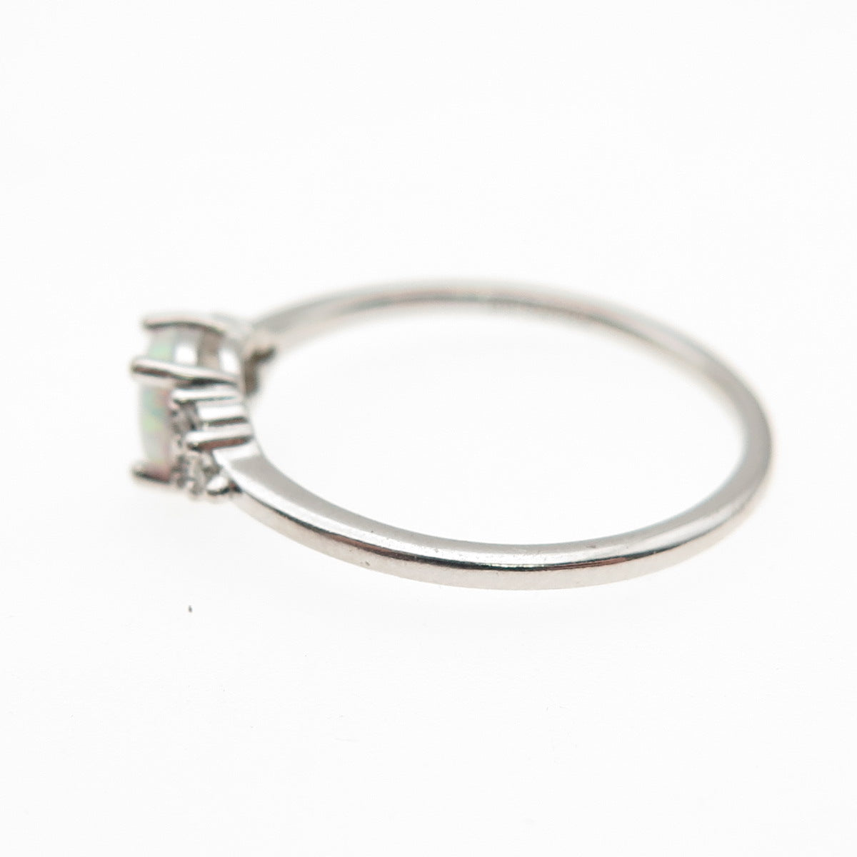 925 Sterling Silver Real Round-Cut Opal & C Z Ring Size 7