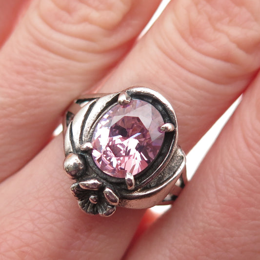 925 Sterling Silver Vintage Oval-Cut Pink C Z Floral Oxidized Ring Size 8.75