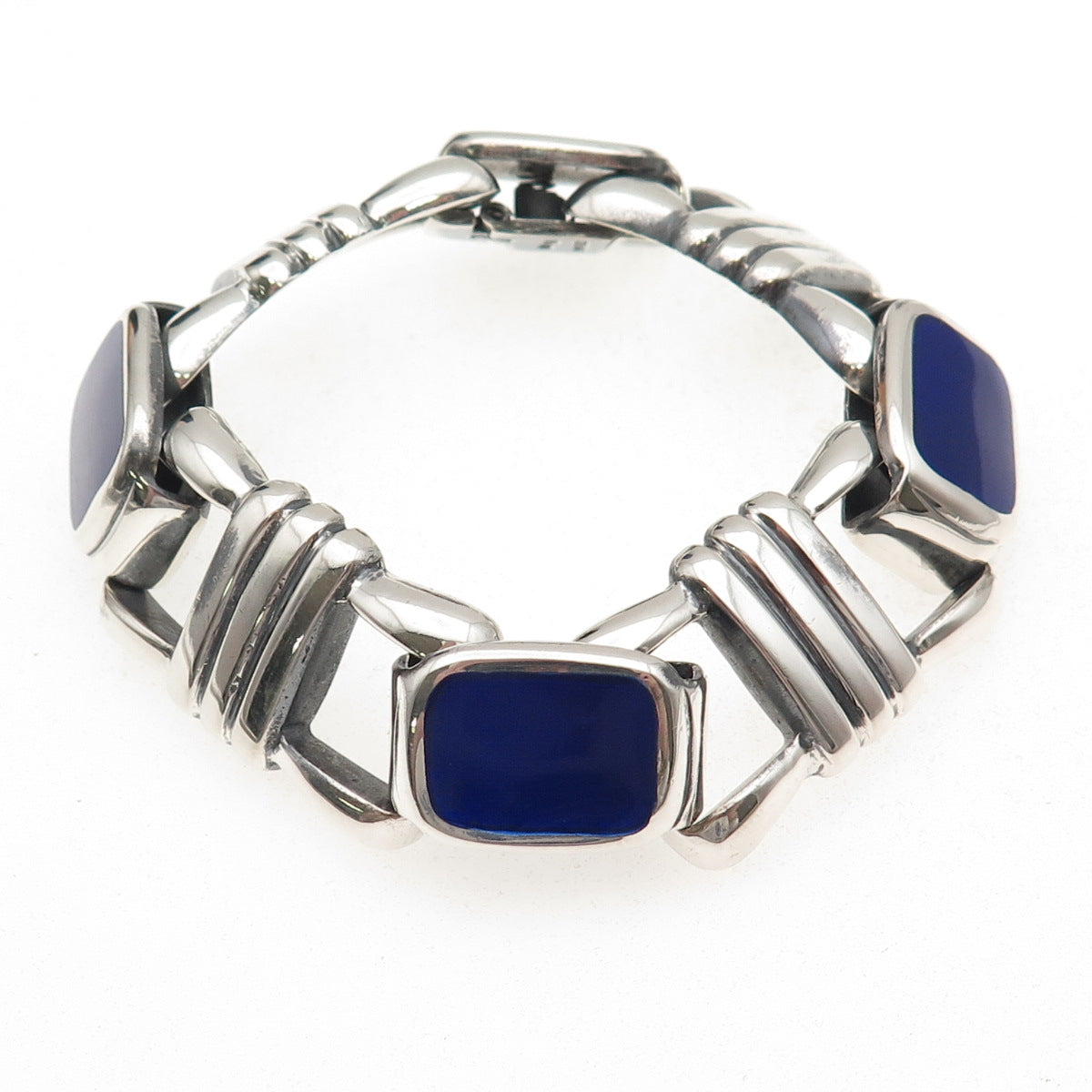 925 Sterling Silver Vintage Italy Real Lapis Heavy 76.4g Anchor Link Bracelet 7"